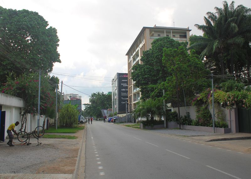 Une rue résidentielle d’Abidjan, à Marcory, bordée d’arbres et de palmiers